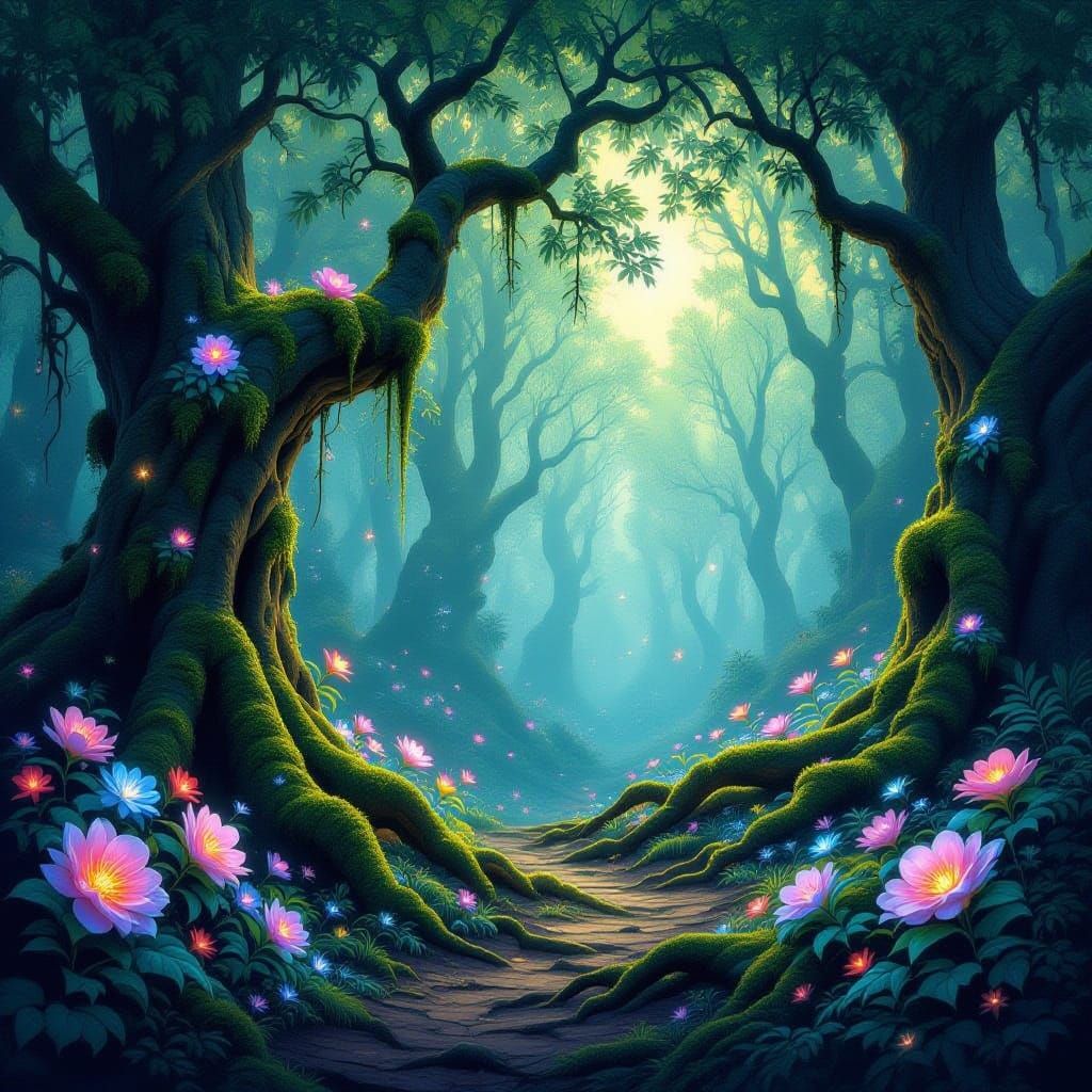 Mystical Twilight Forest Clearing with Luminous Flora