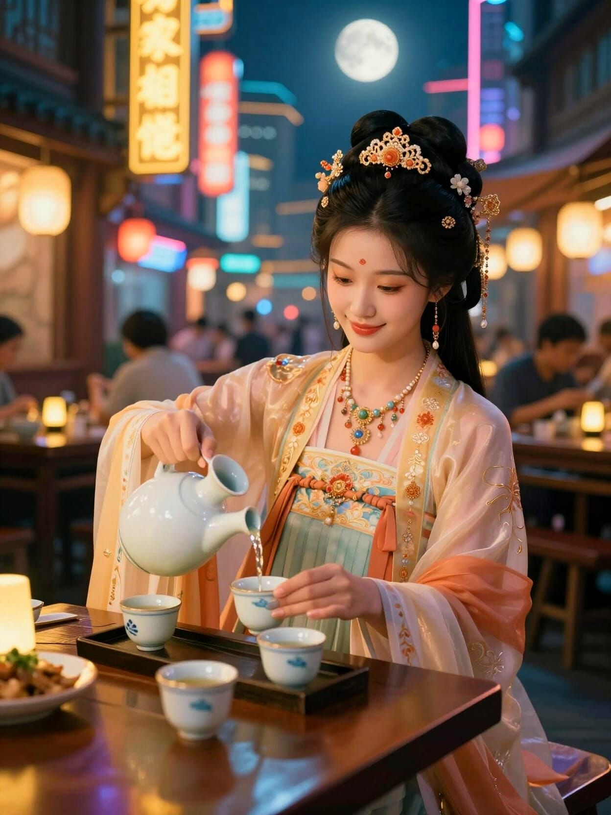 Chinese Goddess in Cyberpunk City Restaurant