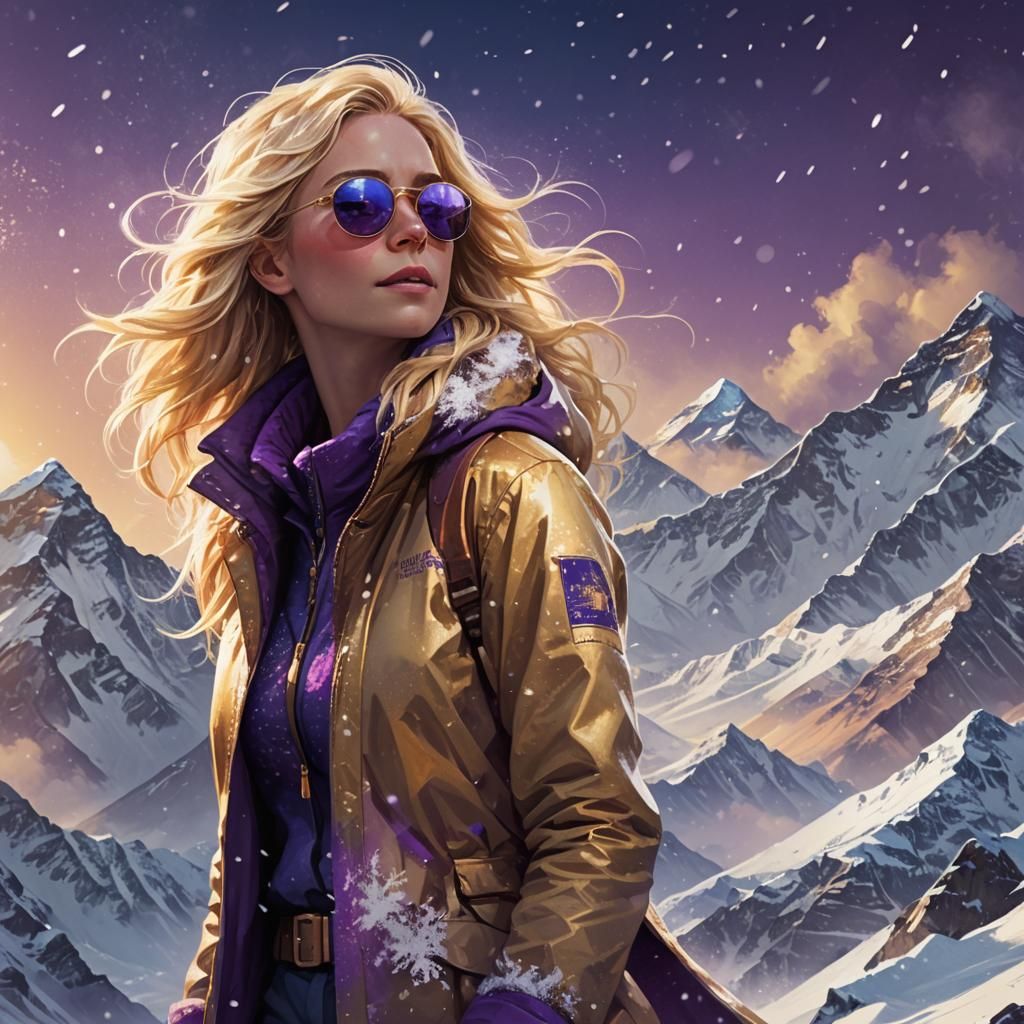 Woman on Everest Peak in Fantasy Realism Style