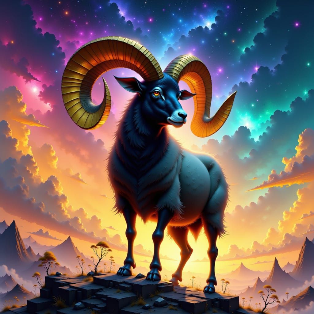 Golden Horned Ram in Nebulae Sky, Photorealistic