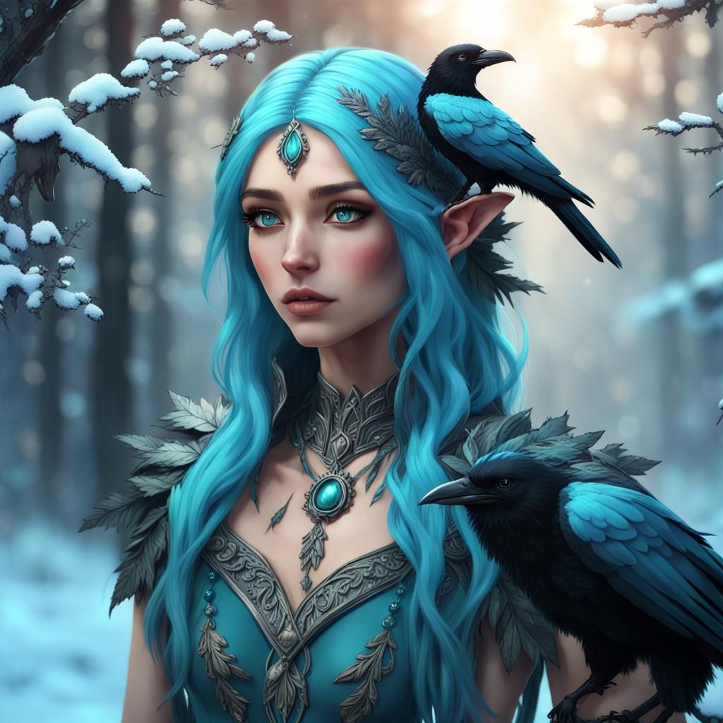 Anime Elf with Raven in Snowy Landscape
