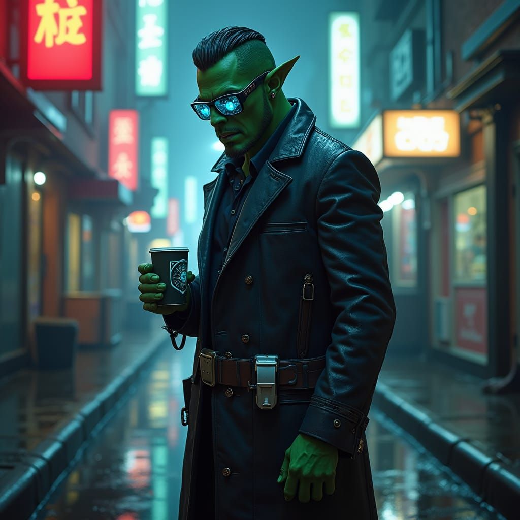Cyberpunk Orc Scholar in Neon City Alley