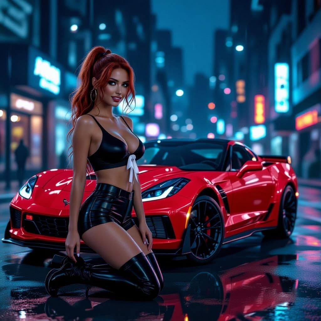 Woman Posing With Cyberpunk Corvette