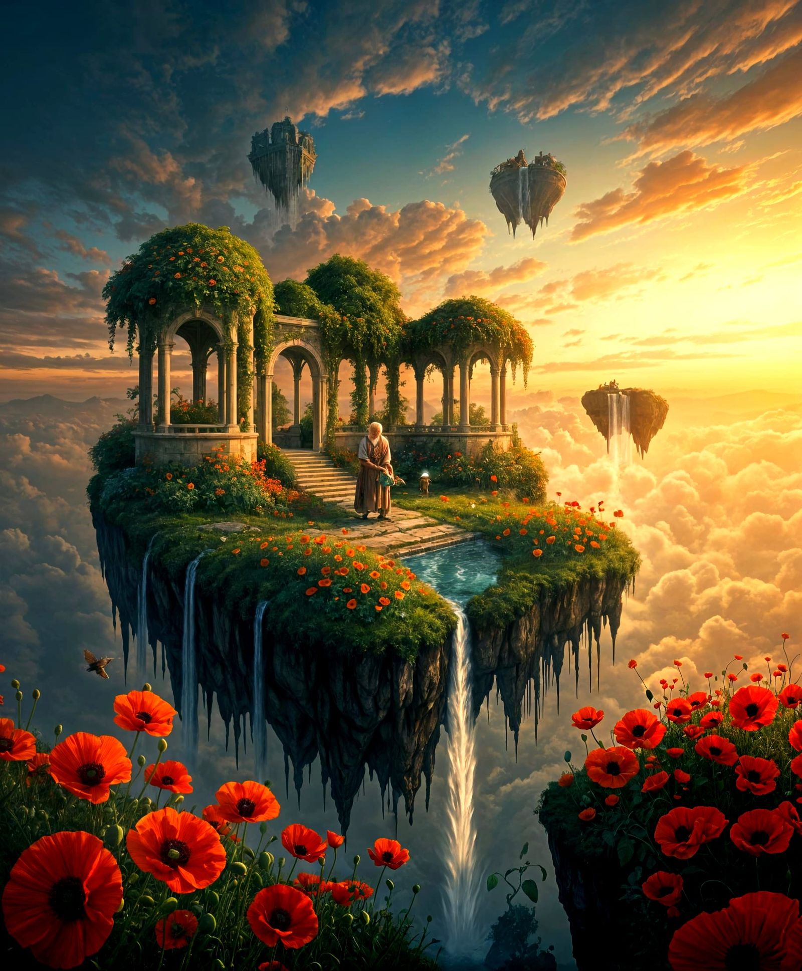 Majestic Floating Garden Island at Sunset