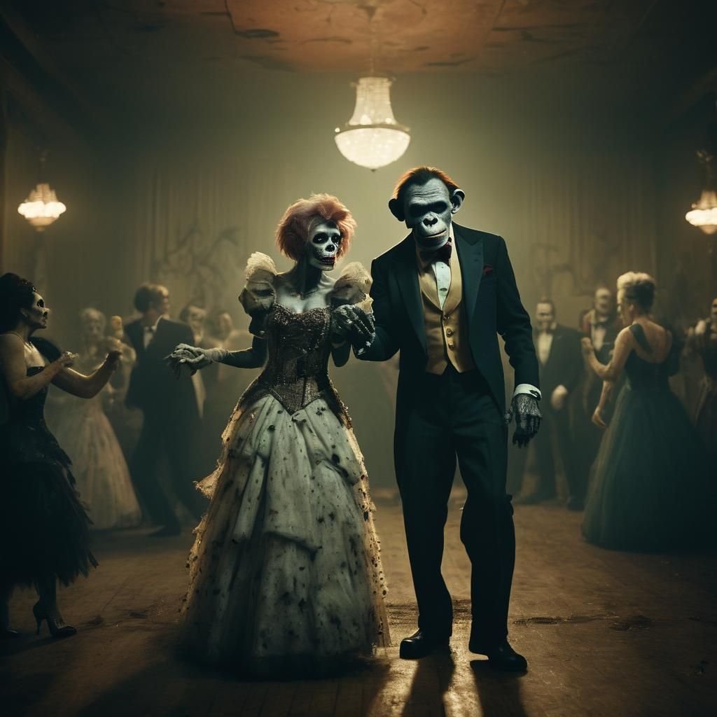 Zombie Monkey Clown Dances with Prom Queen