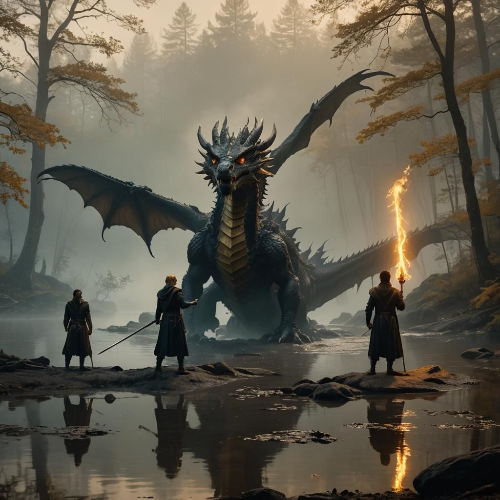 Dragon and Prince with Sword in Misty Forest