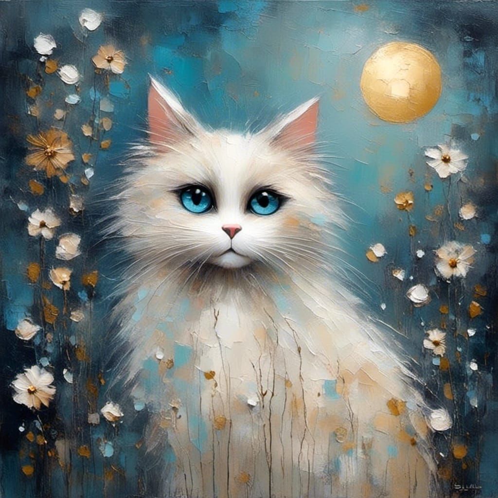 Whimsical Ragdoll Cat with Bird, Oil Paint Fantasy