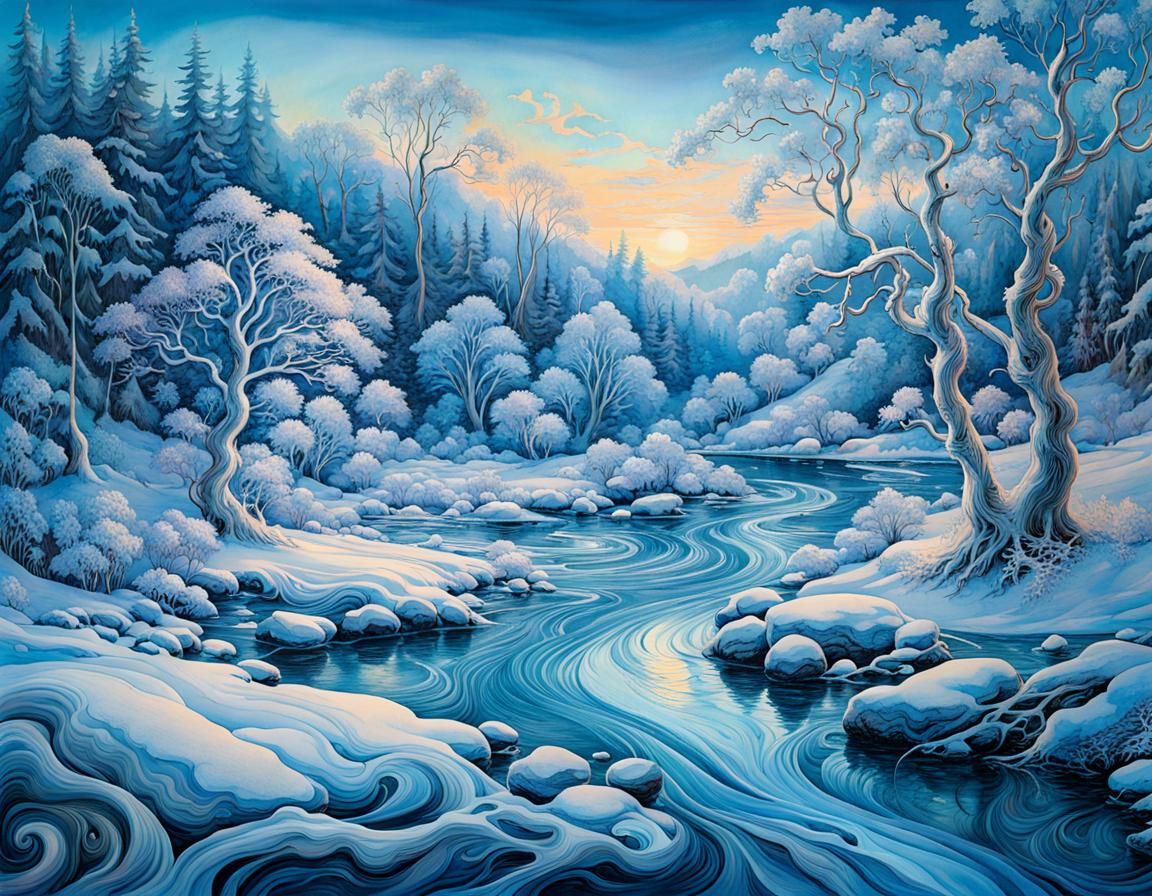 ink wash winter riverscape