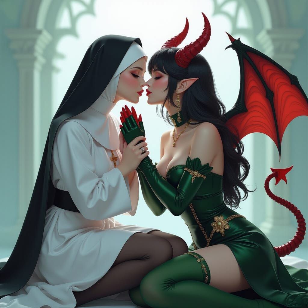 Nun and Demon Kiss in Anime-Inspired 3D Art Style