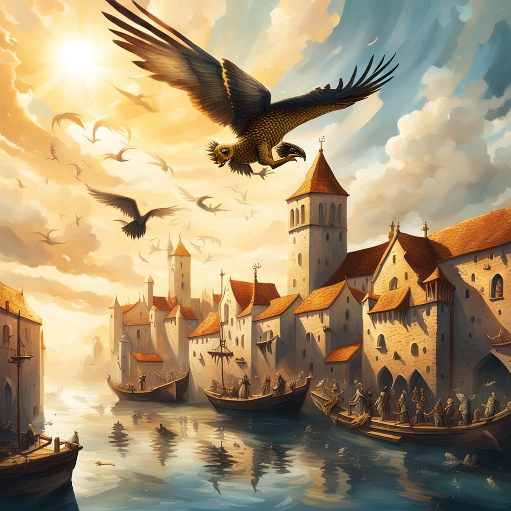 Falcons Diving in Medieval Harbour Illustration