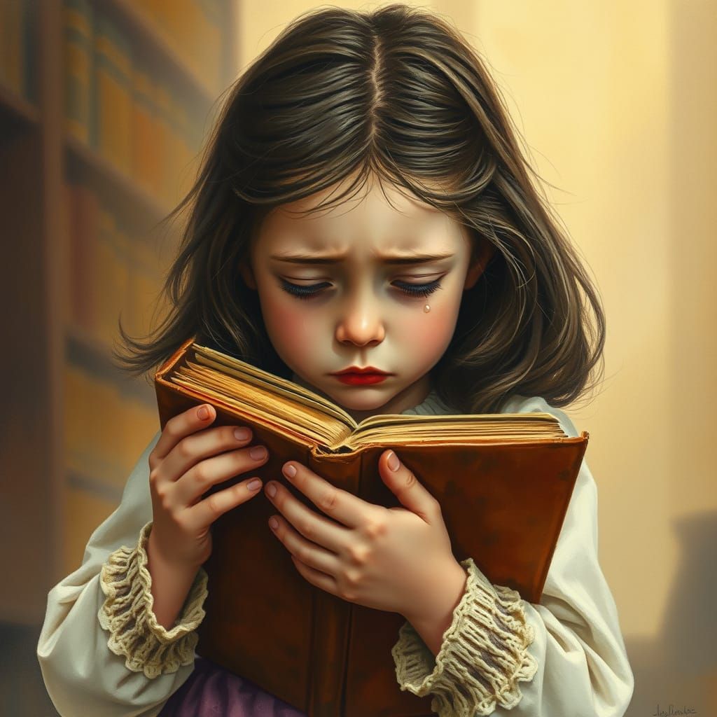 Young Girl Holding a Worn Leather-Bound Book in a Cozy Libra...
