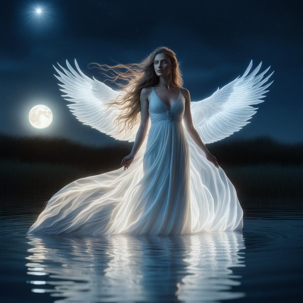 Ethereal Woman with Owl in Moonlight, Hyperrealistic Art