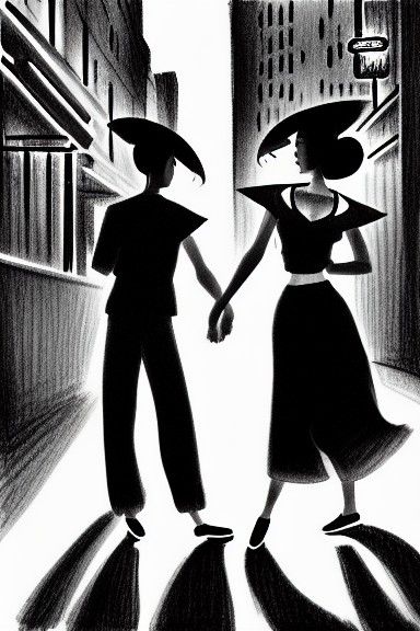 Let's go together - Portrait of two cute dancers looking at you in New York, Chinatown 1950 at night, a masterpiece by Y...