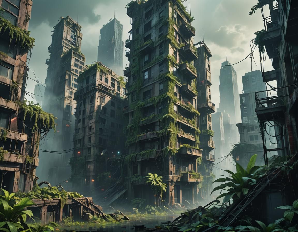 Cyberpunk Cityscape Ruins Overgrown with Green Plants