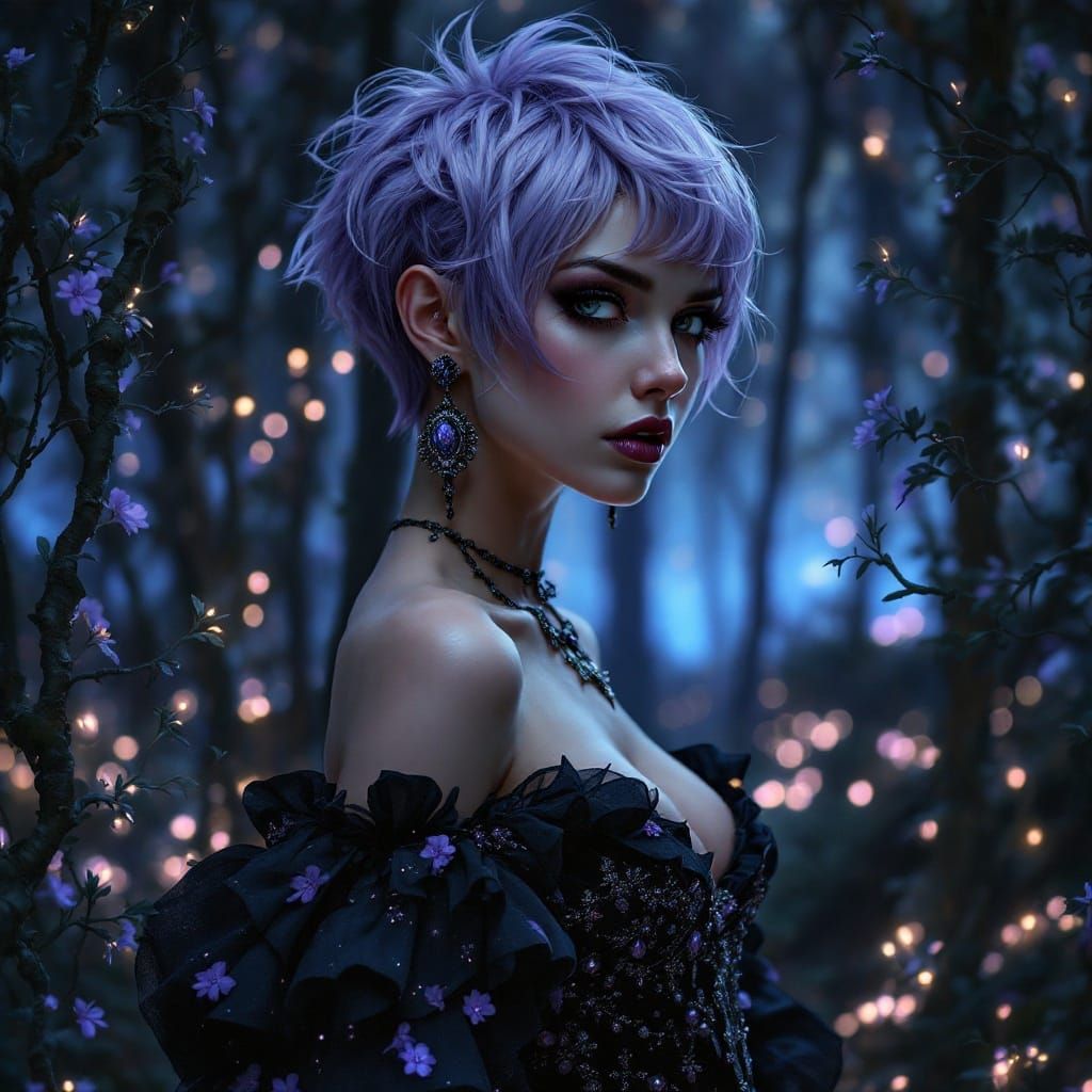 Gothic Goddess in Bioluminescent Forest