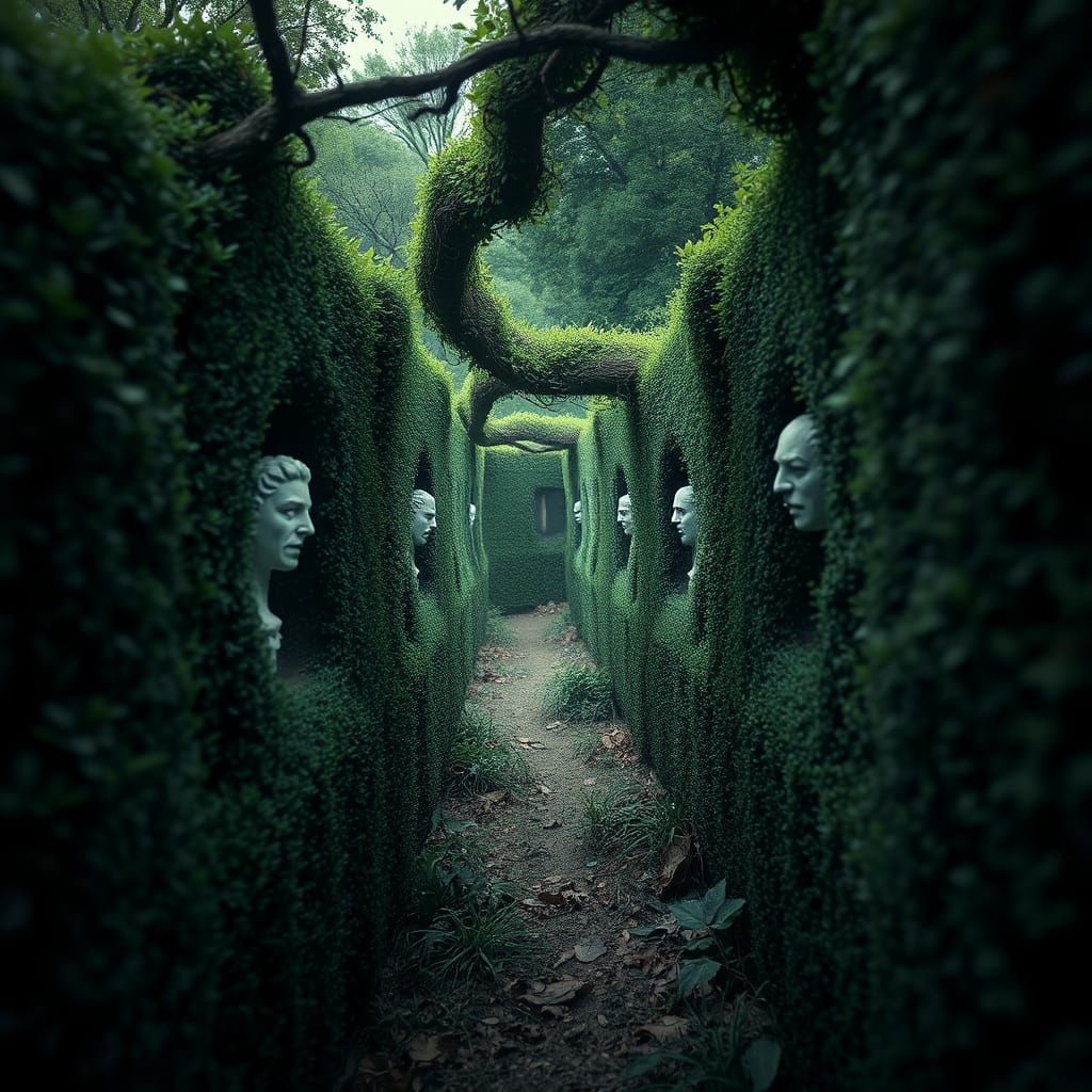 Grotesque Statues Hidden in Overgrown Hedge Maze