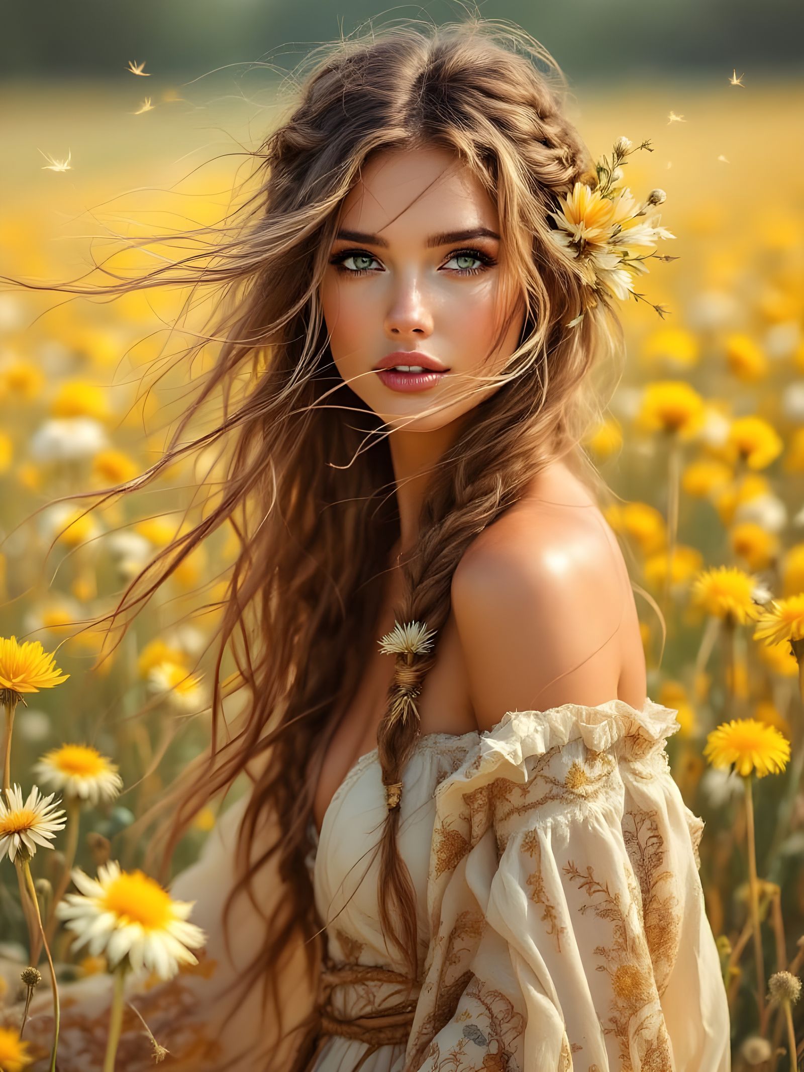 Bohemian Woman in Dandelion Field, Impasto Style