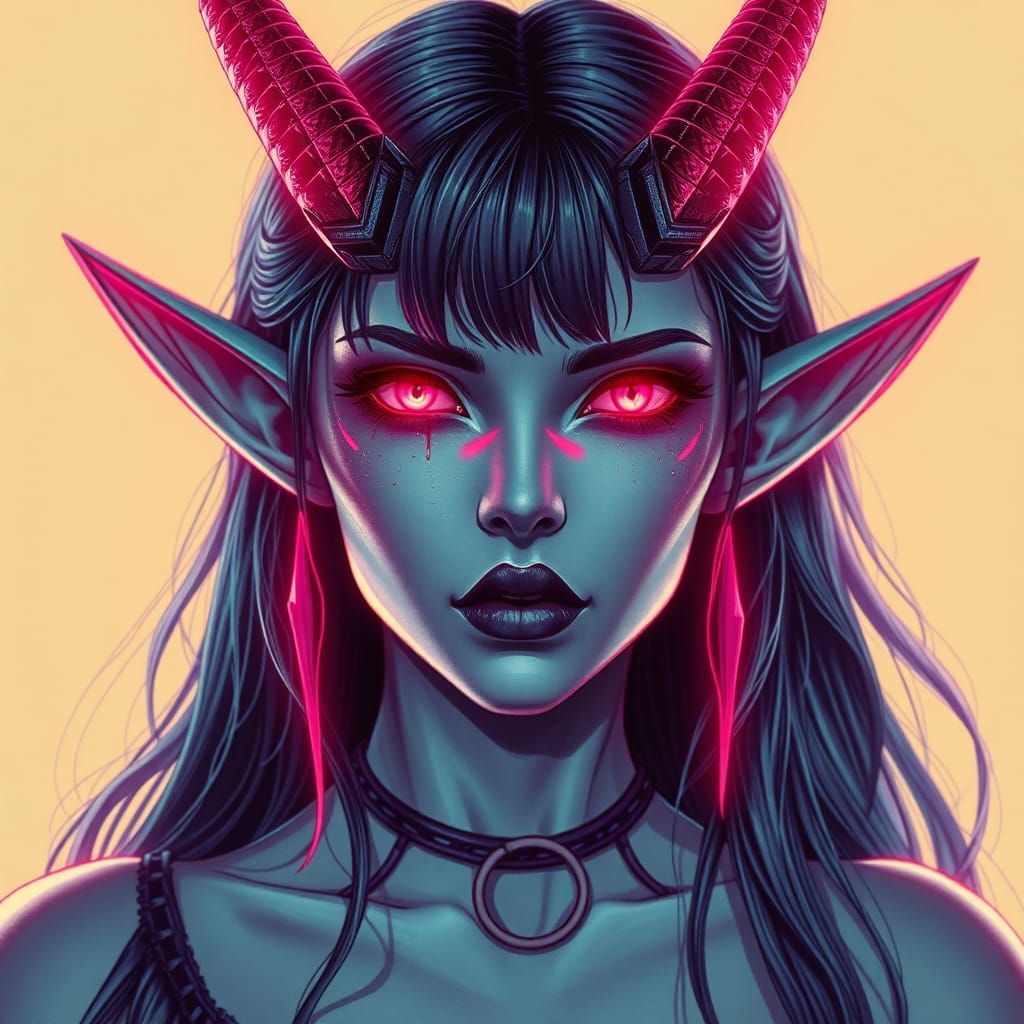 Synthwave Elf with Horns and Glowing Eyes