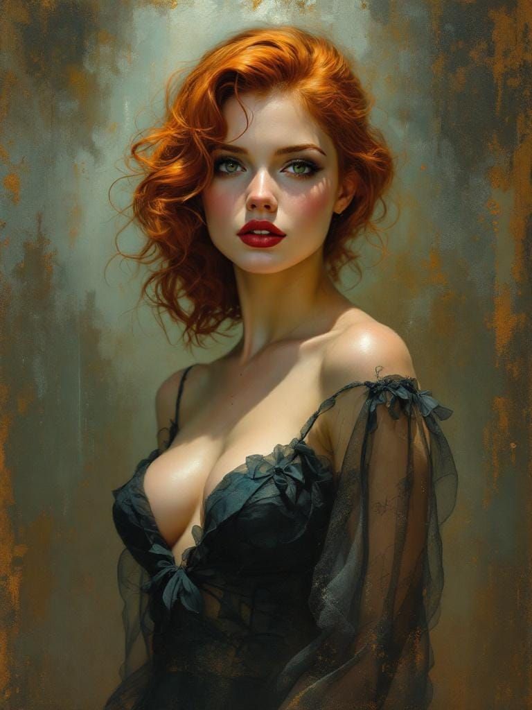 Redhead Pin-Up in Mucha-Waterhouse Tonalist Fusion
