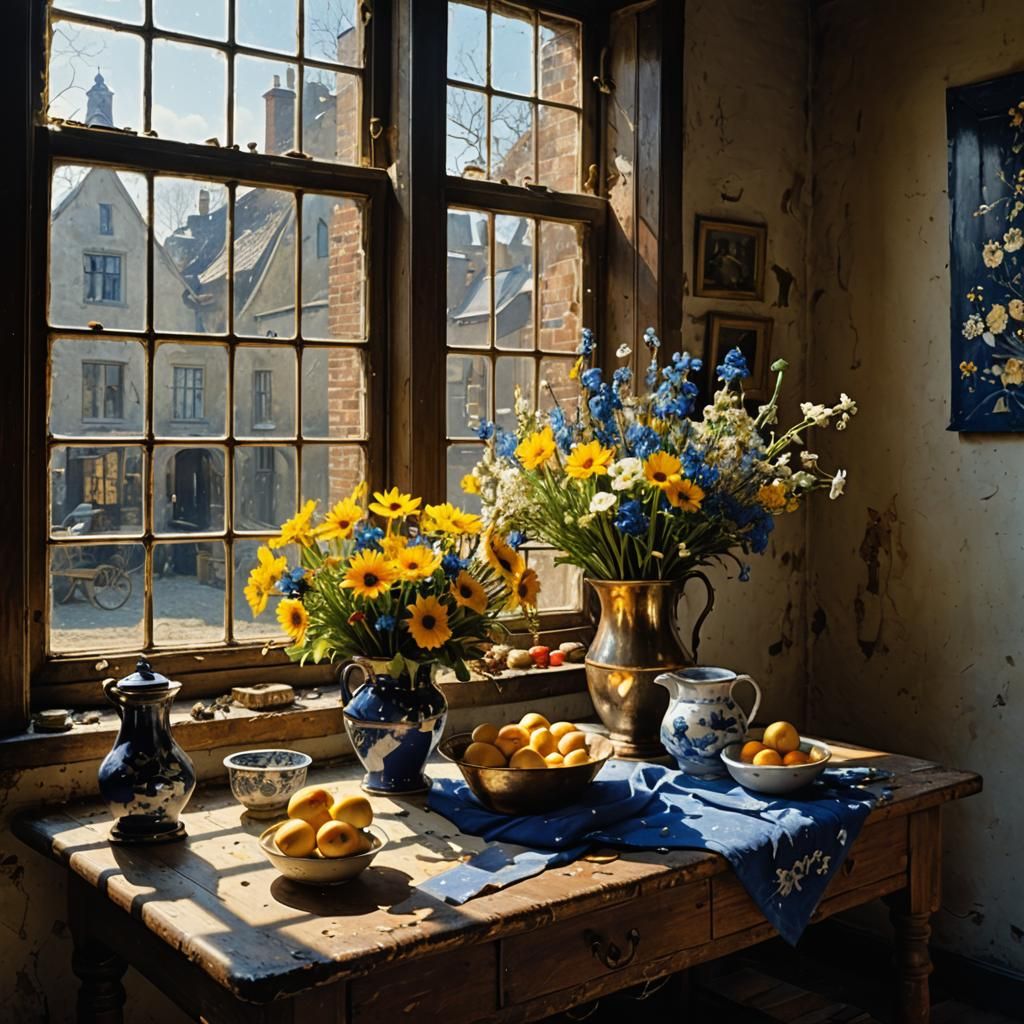 Flowers on Butcher Table: Hyperrealist Painting in God Rays