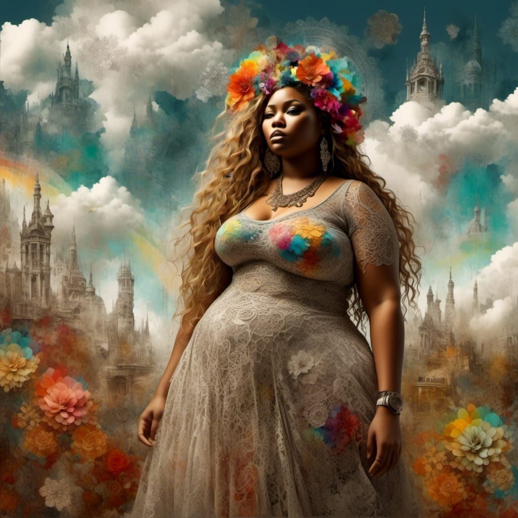 Curvy Woman with Rainbow Lace Flowers, Fractal Art
