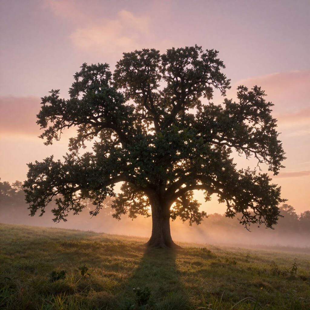 Ancient Oak Tree at Sunrise on Rolling Hill