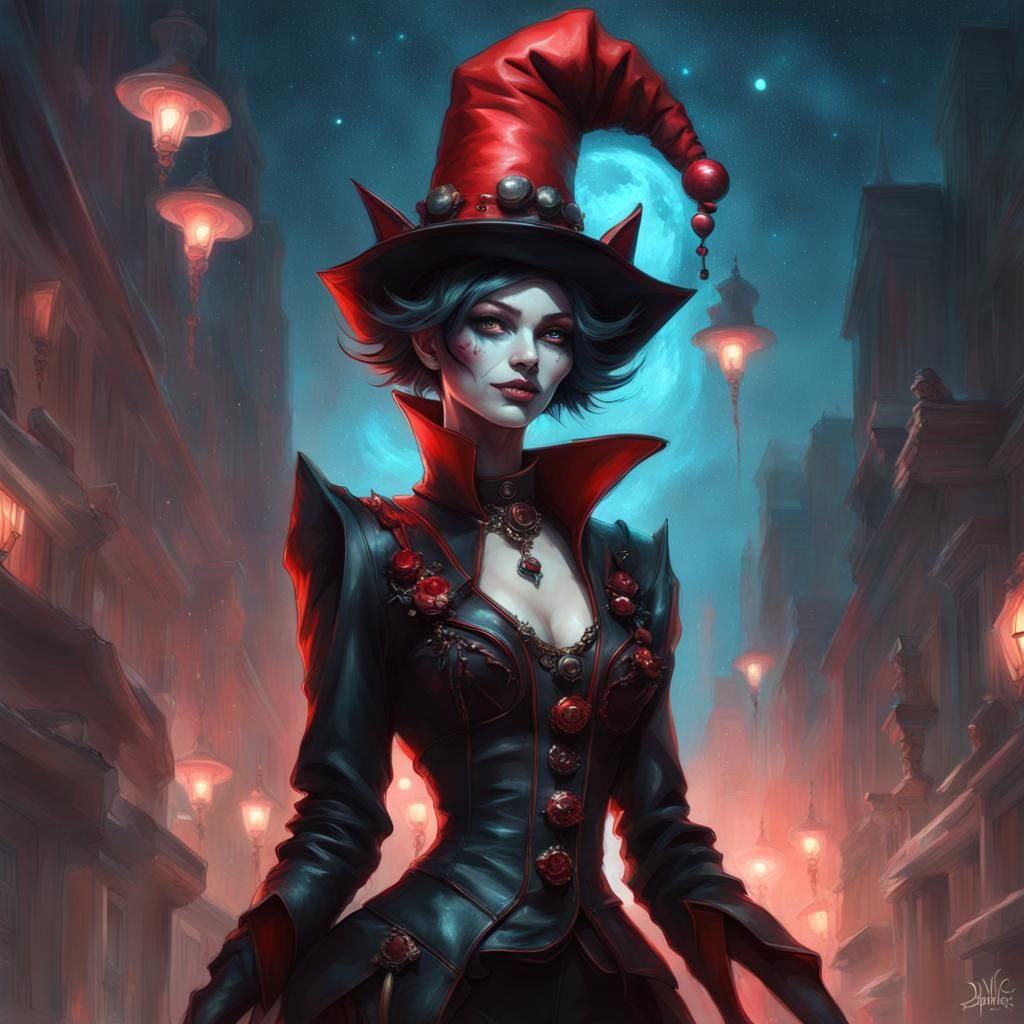 Jester Woman in Bioluminescent Galaxy, Detailed Digital Art