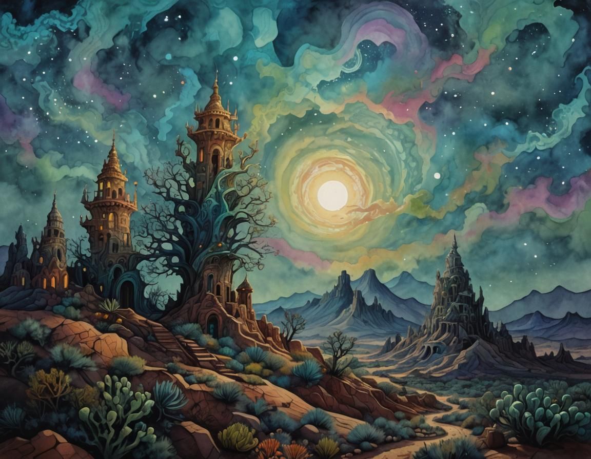 Surreal Desert Night Landscape in Gouache Watercolor