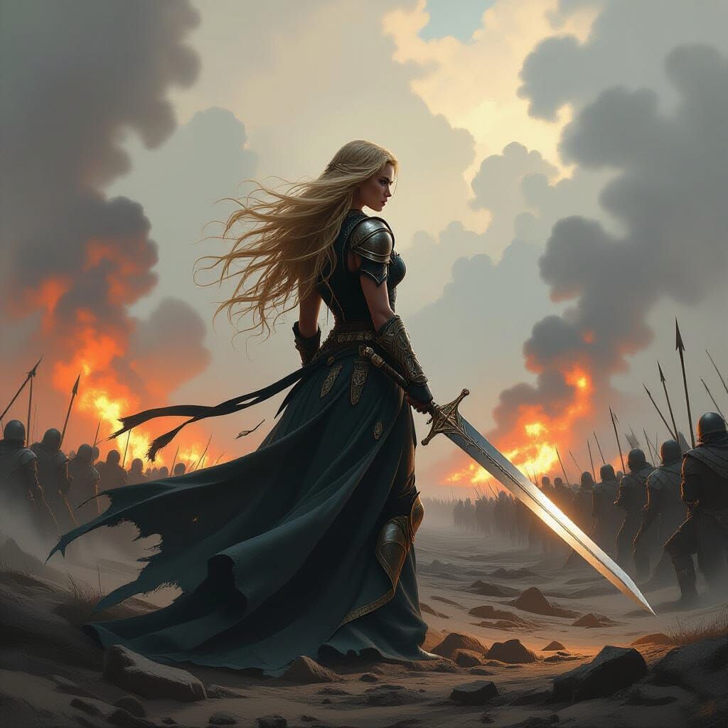 Battlemaiden Defies Army in Epic Fantasy Illustration