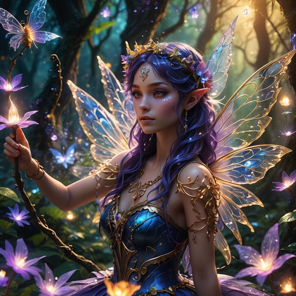 Mystical Fairy in Forest with Glowing Swirls
