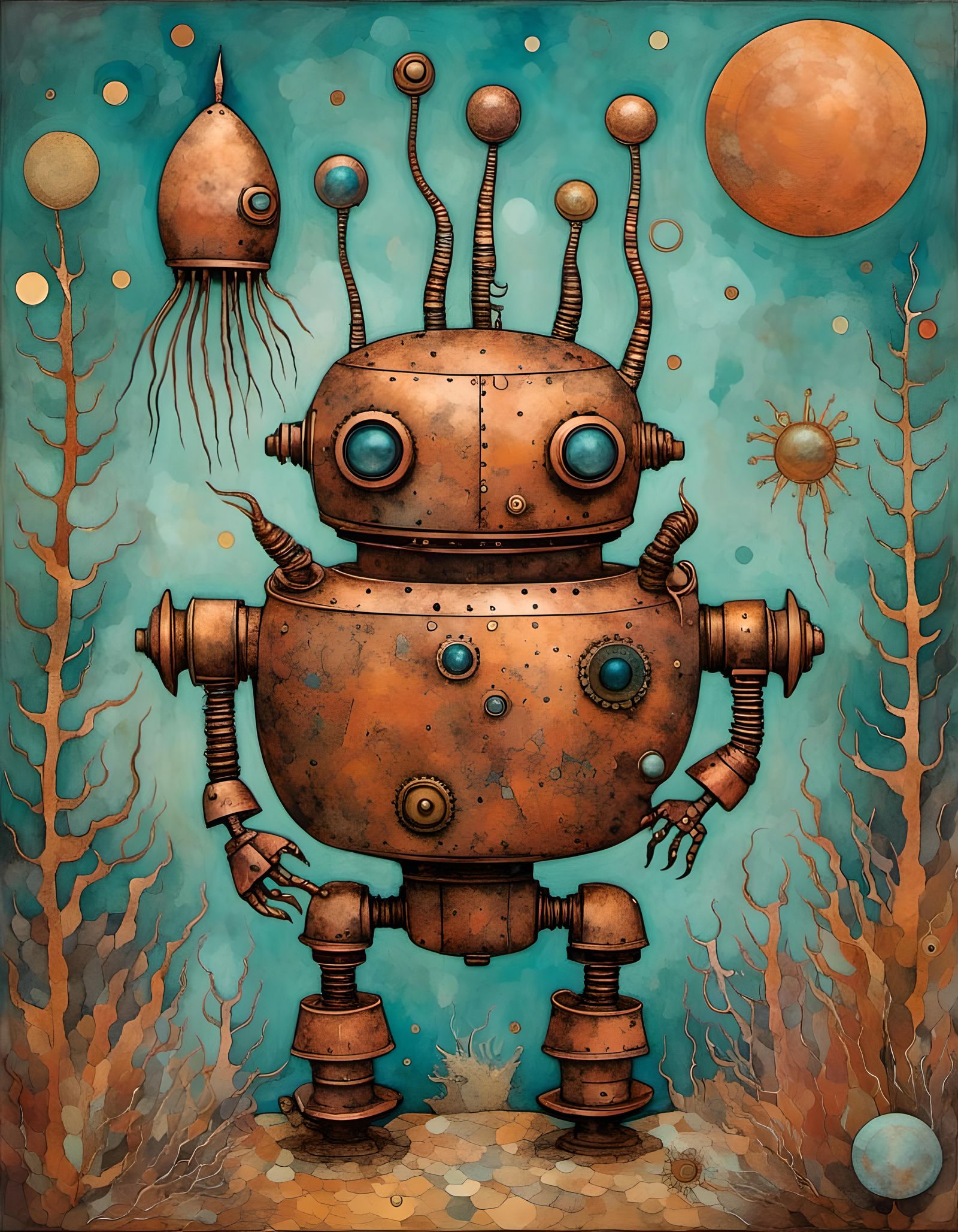 Steampunk Robot and Squid Aliens on Mars