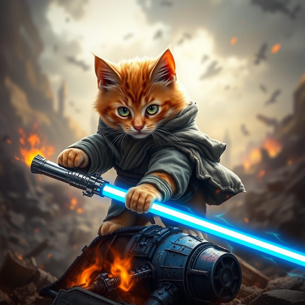 Jedi Cat Victorious on Sci-Fi Battlefield