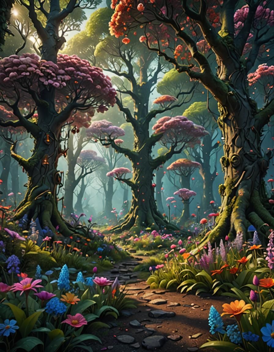 Mystical Forest Full of Flowers: Fantasy Concept Art