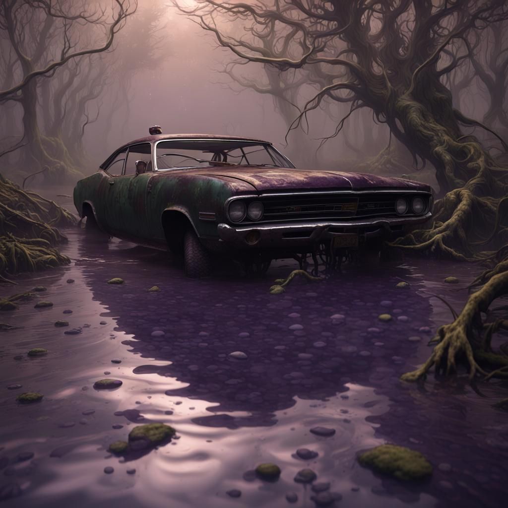 Rusty Car Underwater: Dark Fantasy Concept Art