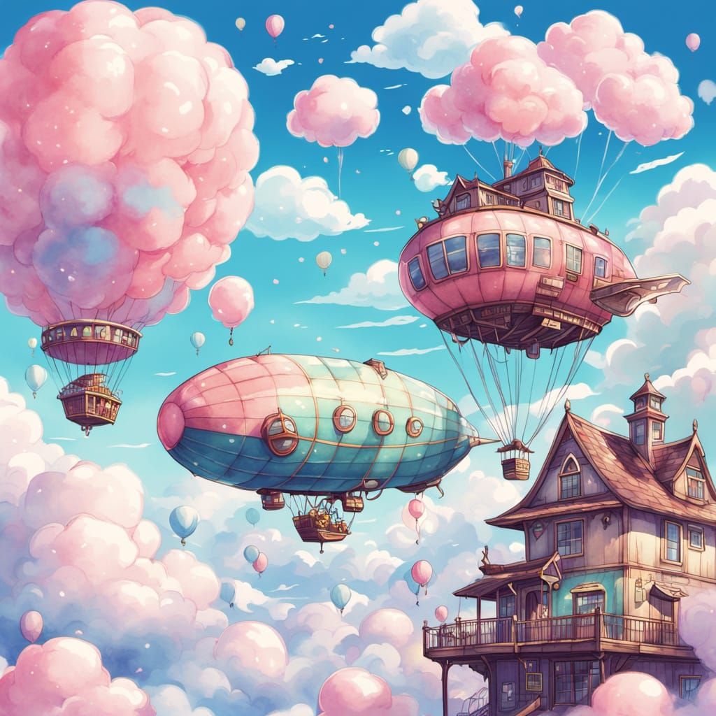 Fantasy Cotton Candy Shop Airship in Retro Anime Style
