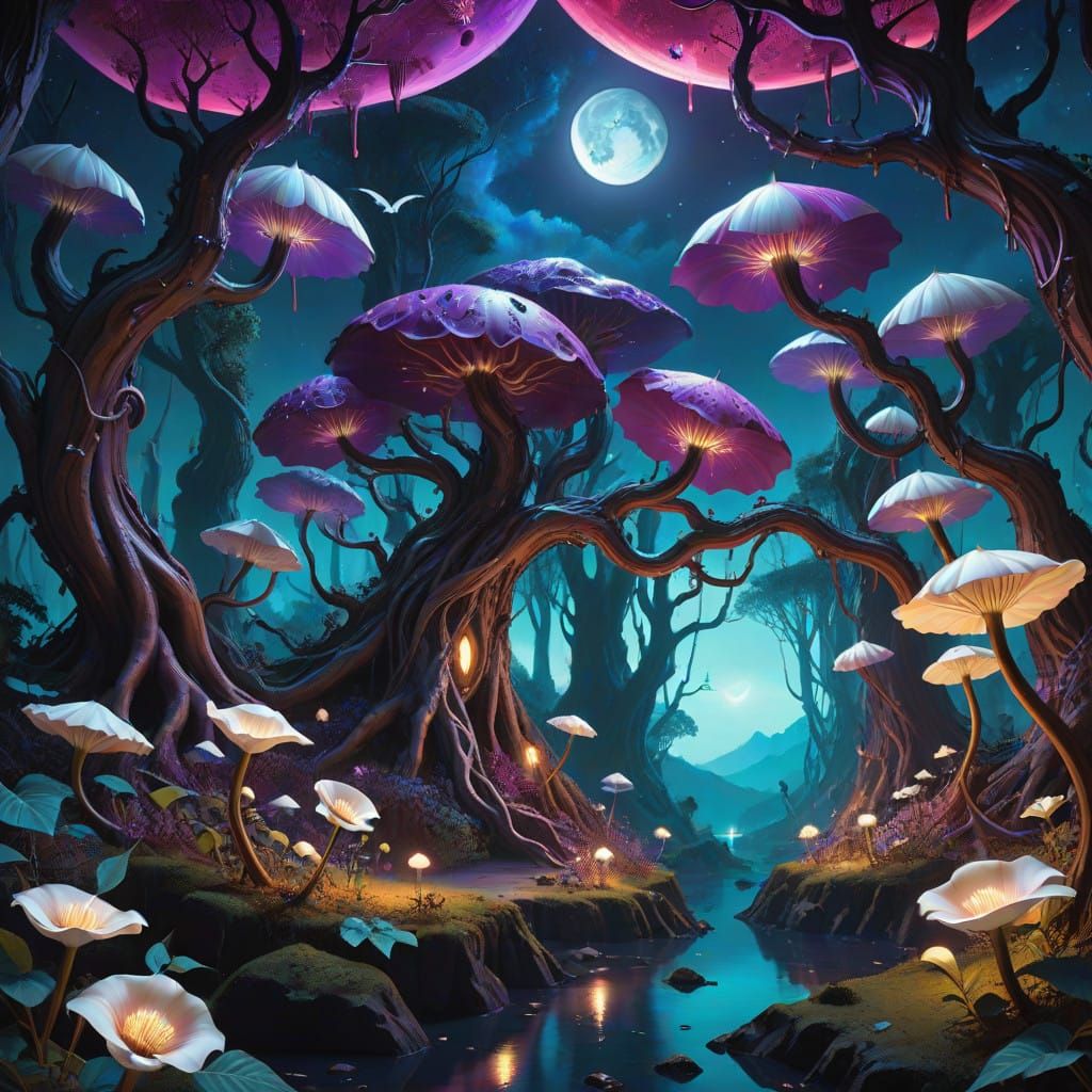 Ethereal Blood Moon Illuminates Dreamlike Forest Scene