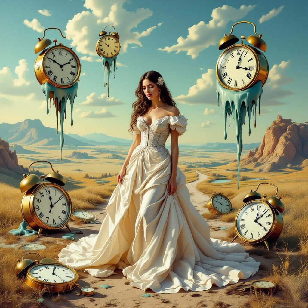 Surreal Woman in Dreamlike Landscape with Melting Clocks