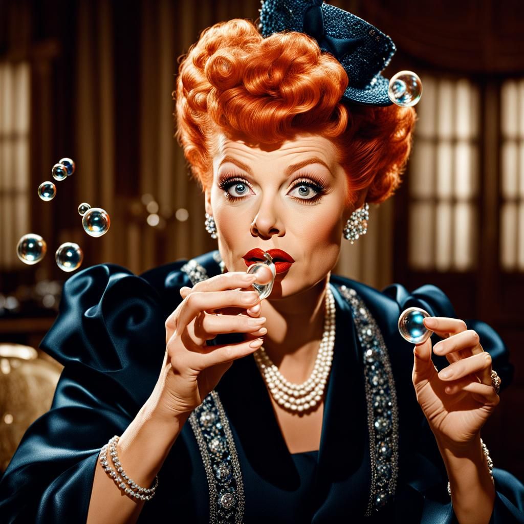 Hyperrealistic Portrait of Lucille Ball Blowing Bubbles