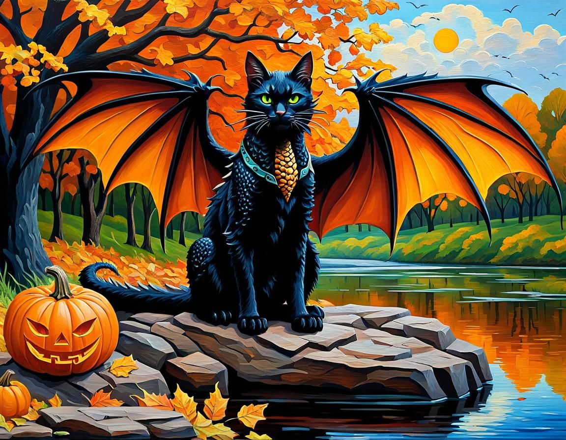 Bronzepunk Dragon-Cat in Autumn Landscape, Impasto Painting
