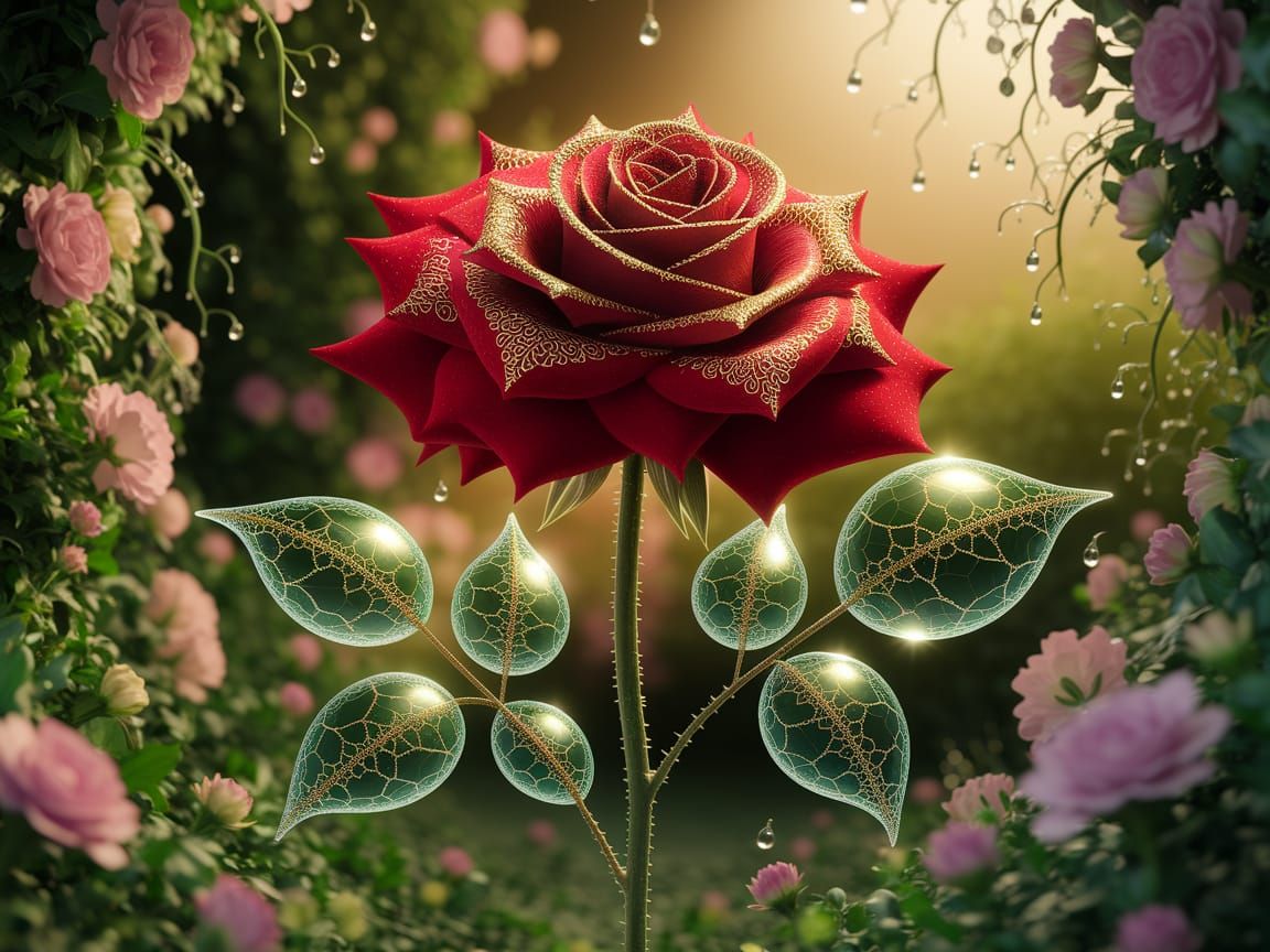 Bubble Rose with Gold Filigree and Dew Drops