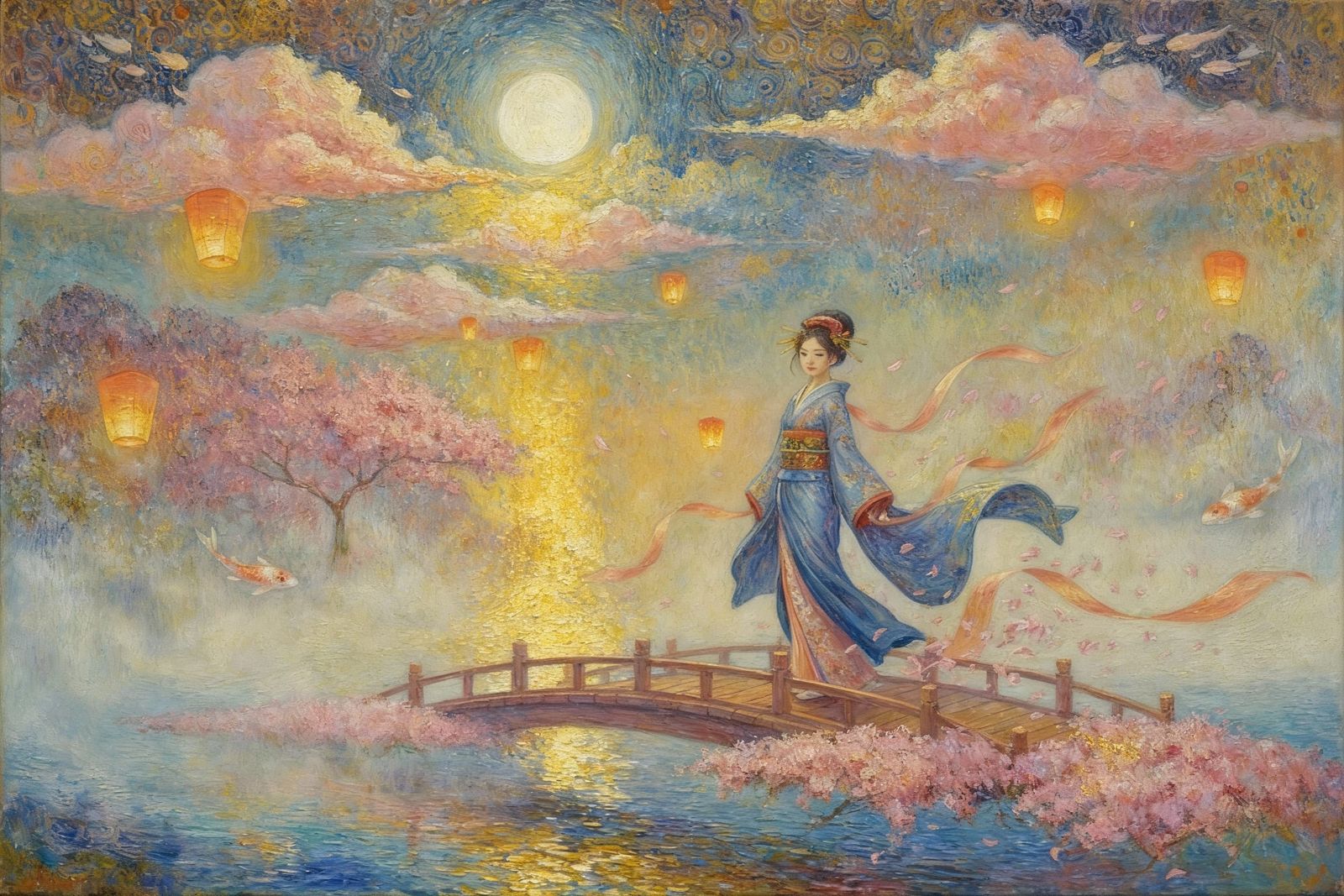 Surreal Japanese Woman on Cherry Blossom Bridge