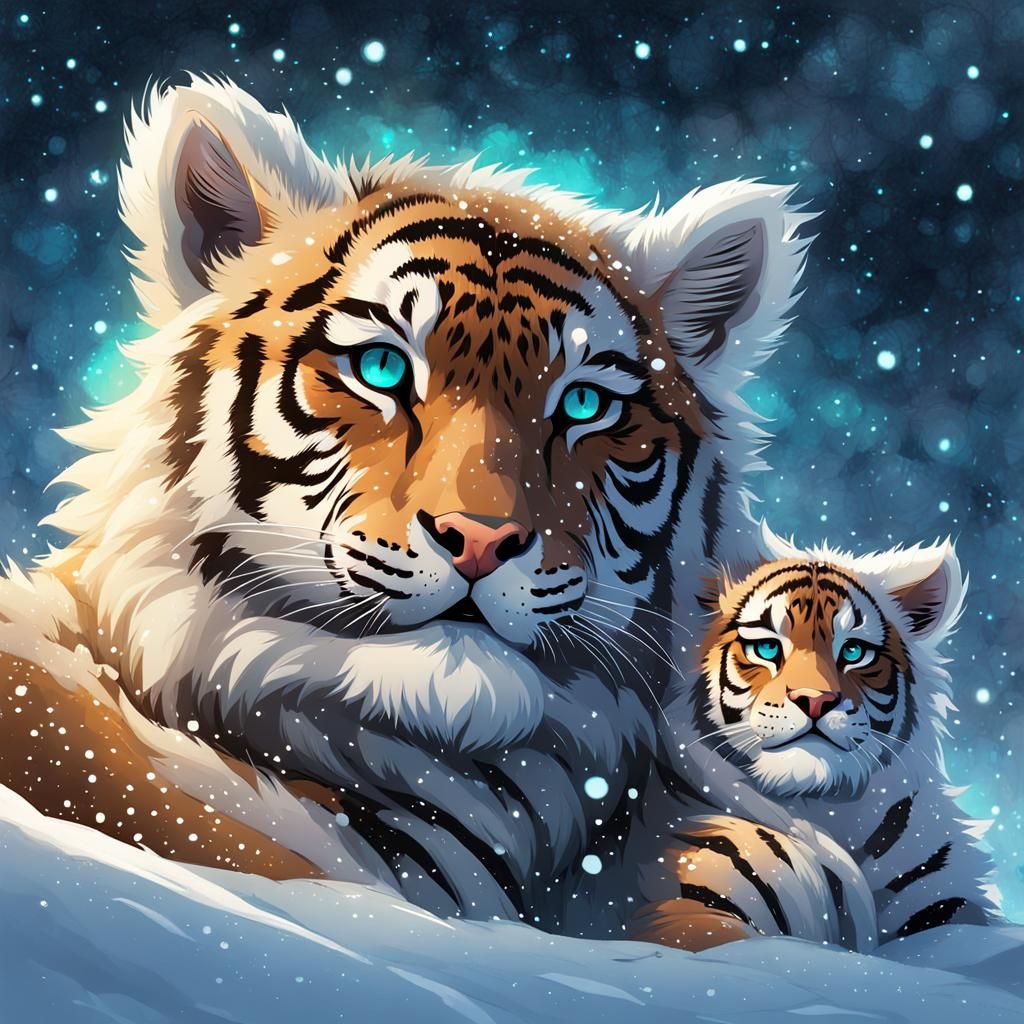 Chibi Snow Tiger Constellation on Aurora Borealis