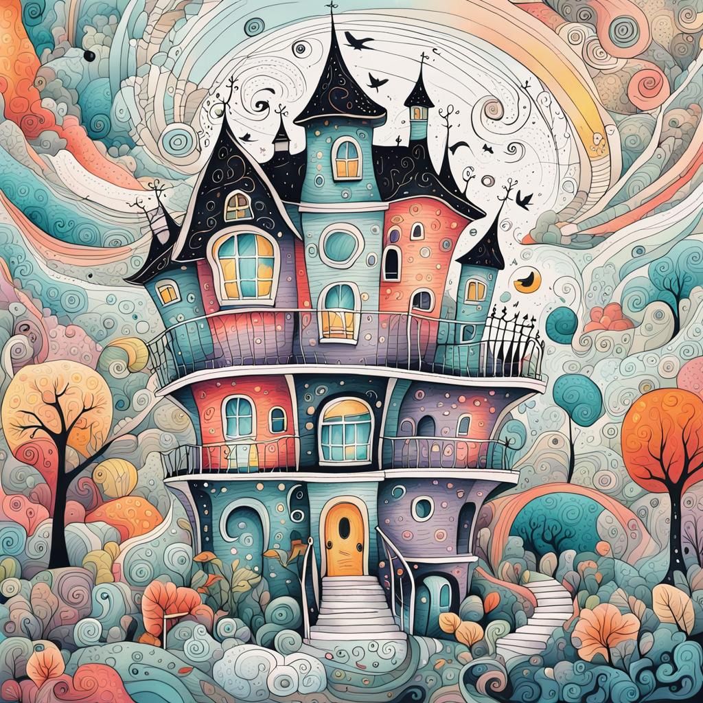Dreamlike House in Whimsical Doodle Art Style