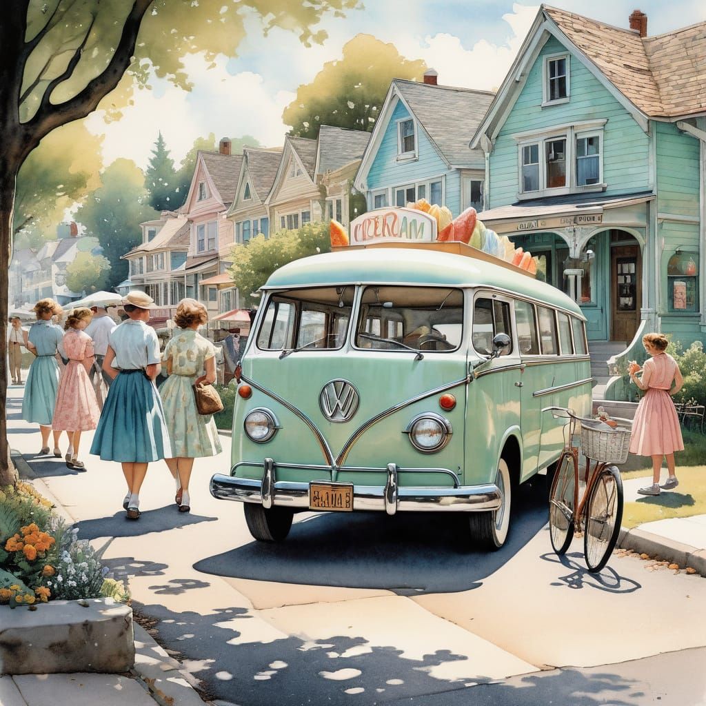 "Create a nostalgic 1950s summertime street scene featuring ...