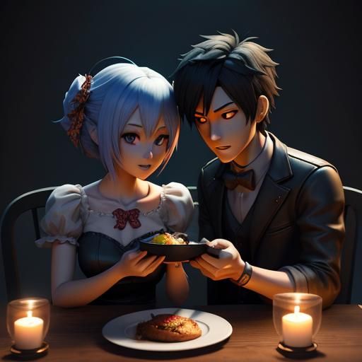 Anime Couple's Candlelight Dinner in 3D Digital Art