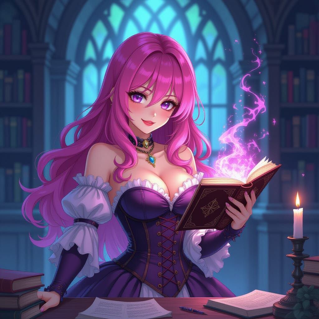 Gothic Sorceress with Enchanted Book in Alcohol Ink Style