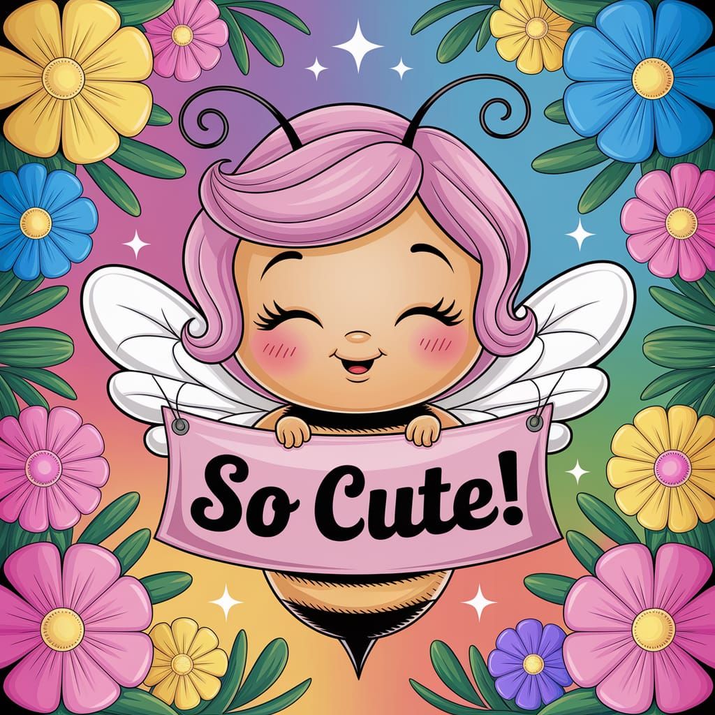 Cute Angel Bee Hiding Behind Sign in Pastel Colors