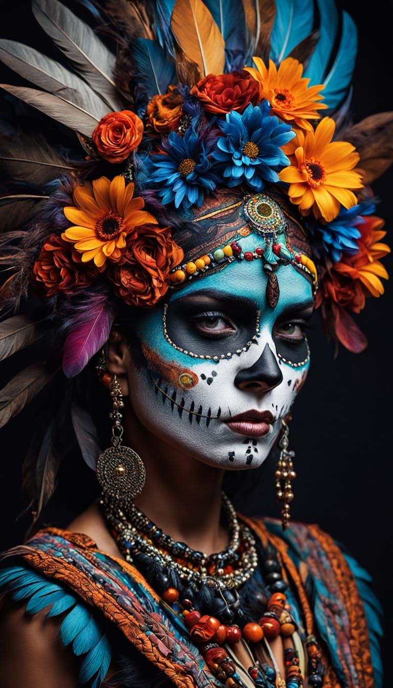 Hyperrealistic Woman in Tribal Headdress with Intricate Face...