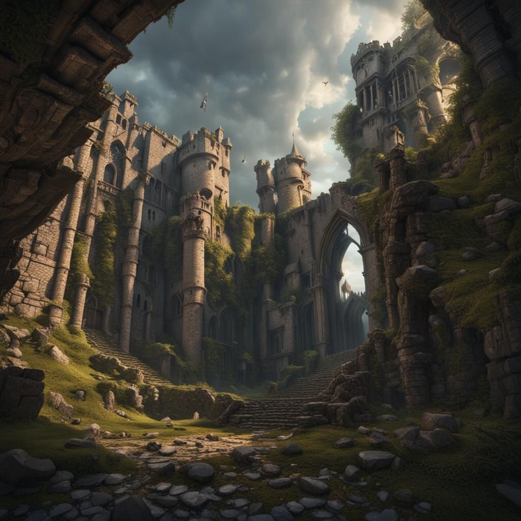 Epic Medieval Castle Ruins in Dark Fantasy Style