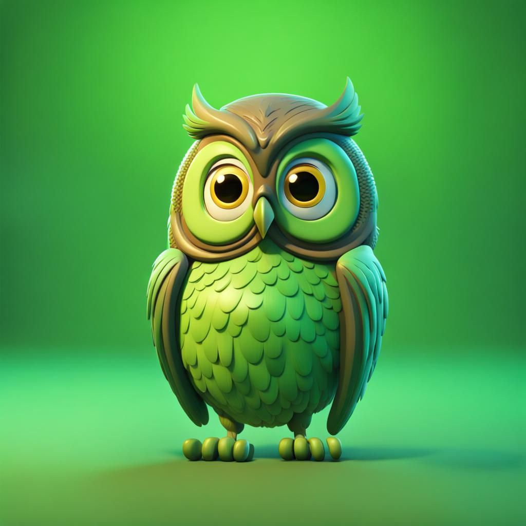 Smiling Green Cartoon Owl in 3D Digital Art